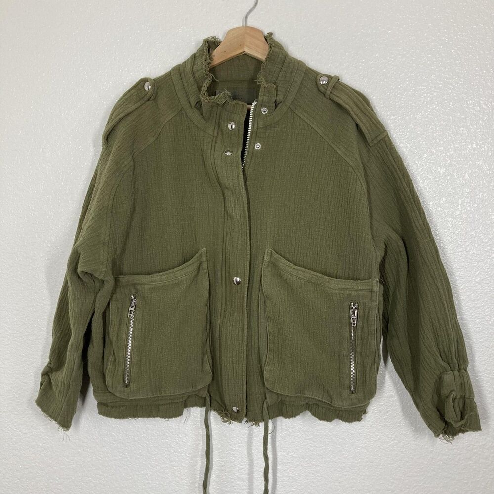 BLANKNYC Military Jacket Womens Medium Green Cotton Zip Front Pockets Raw Hem